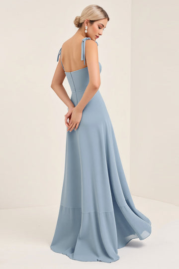 A Line Sky Blue Chiffon Spaghetti Straps Long Bridesmaid Dress